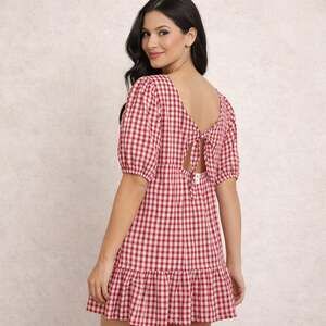 LOFT Red White Gingham Babydoll Dress Size 10 Puff Sleeve Tie Back Cottagecore